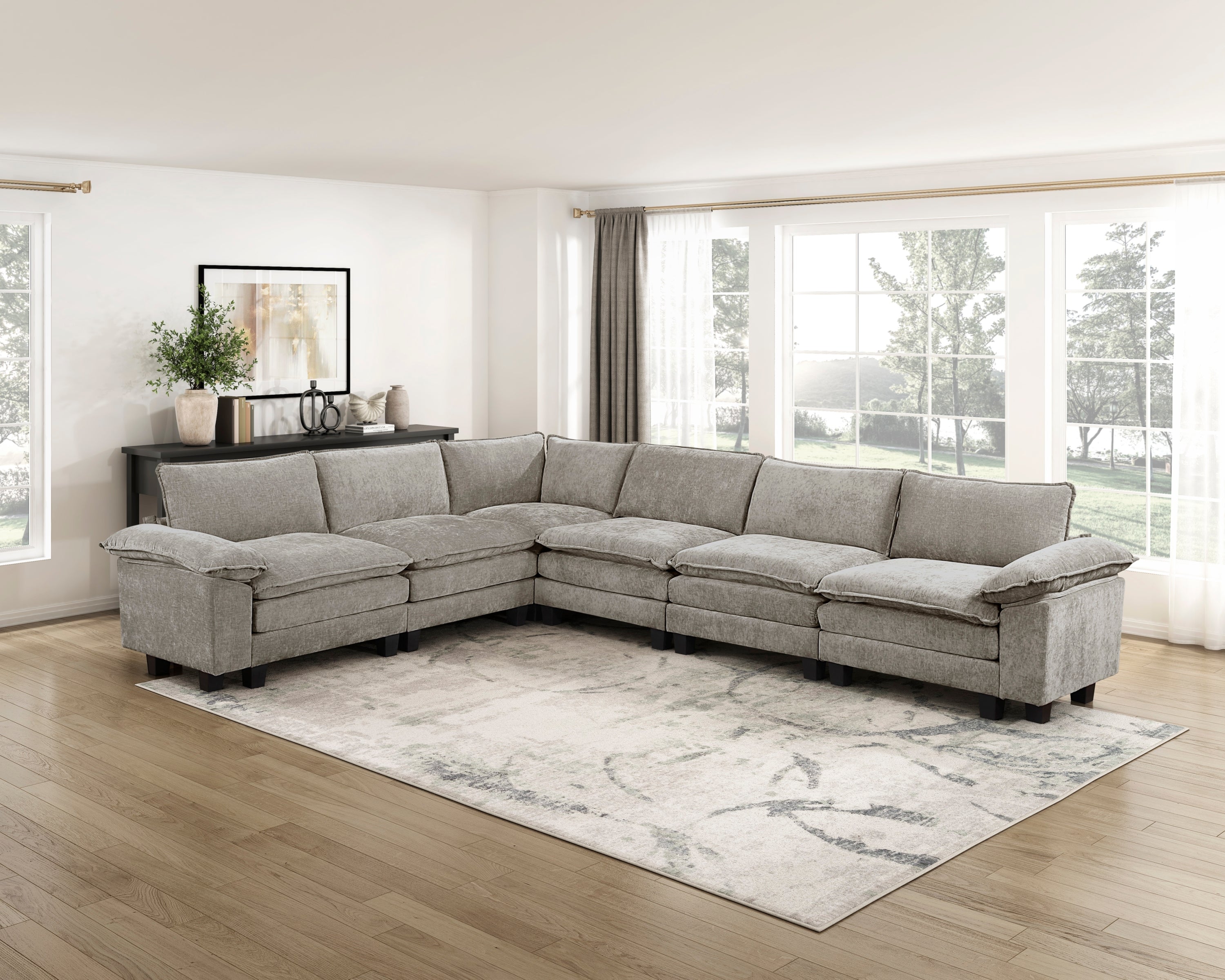 Modern contemporary 6-piece modular sectional sofa in plush gray chenille with deep, comfortable seating.