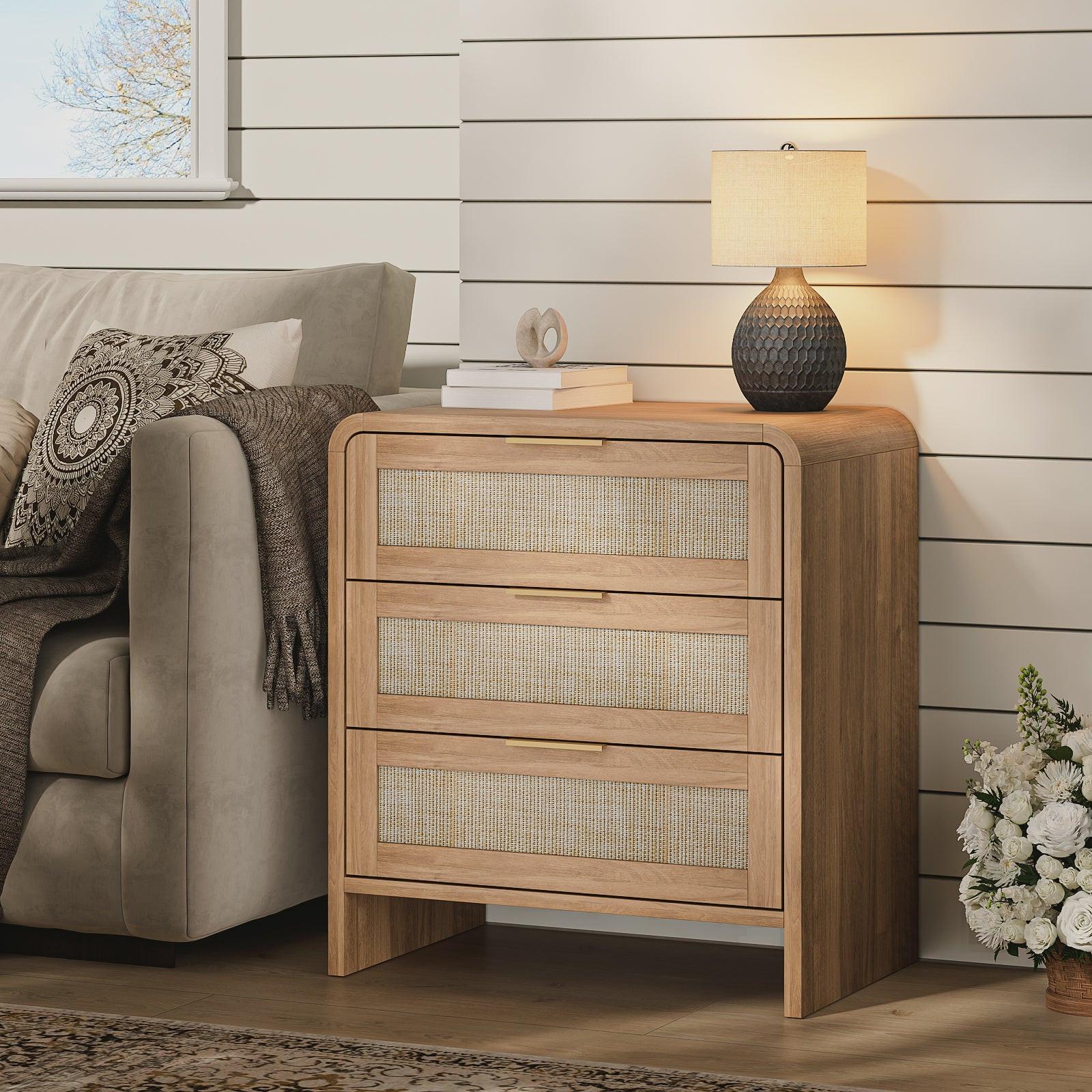 Rattan Nightstand with 3 Drawers for Modern Bedrooms.