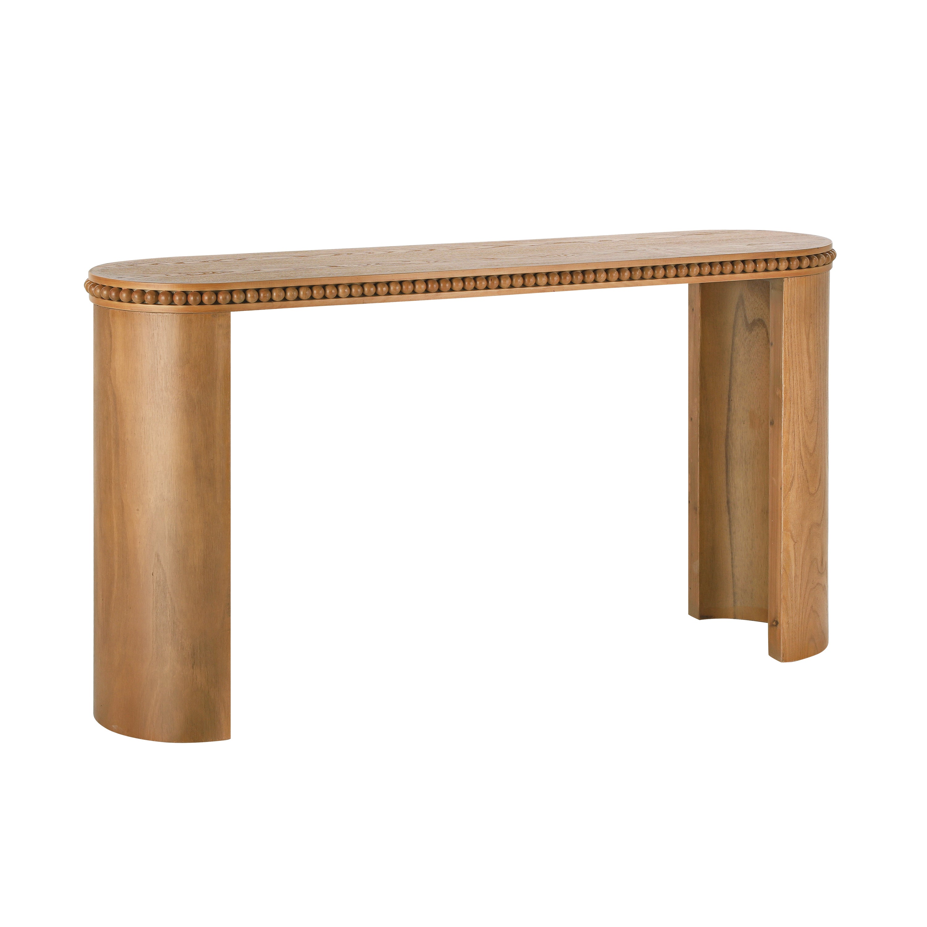 Vintage beaded console table in natural wood veneer with curved legs and decorative beaded trim, ideal for hallway or entryway use.
