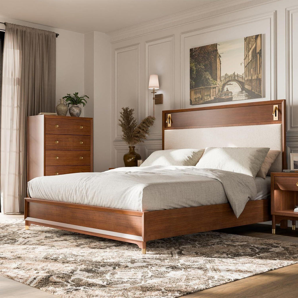 Mid-Century Modern King Size Bed with Upholstered Headboard.