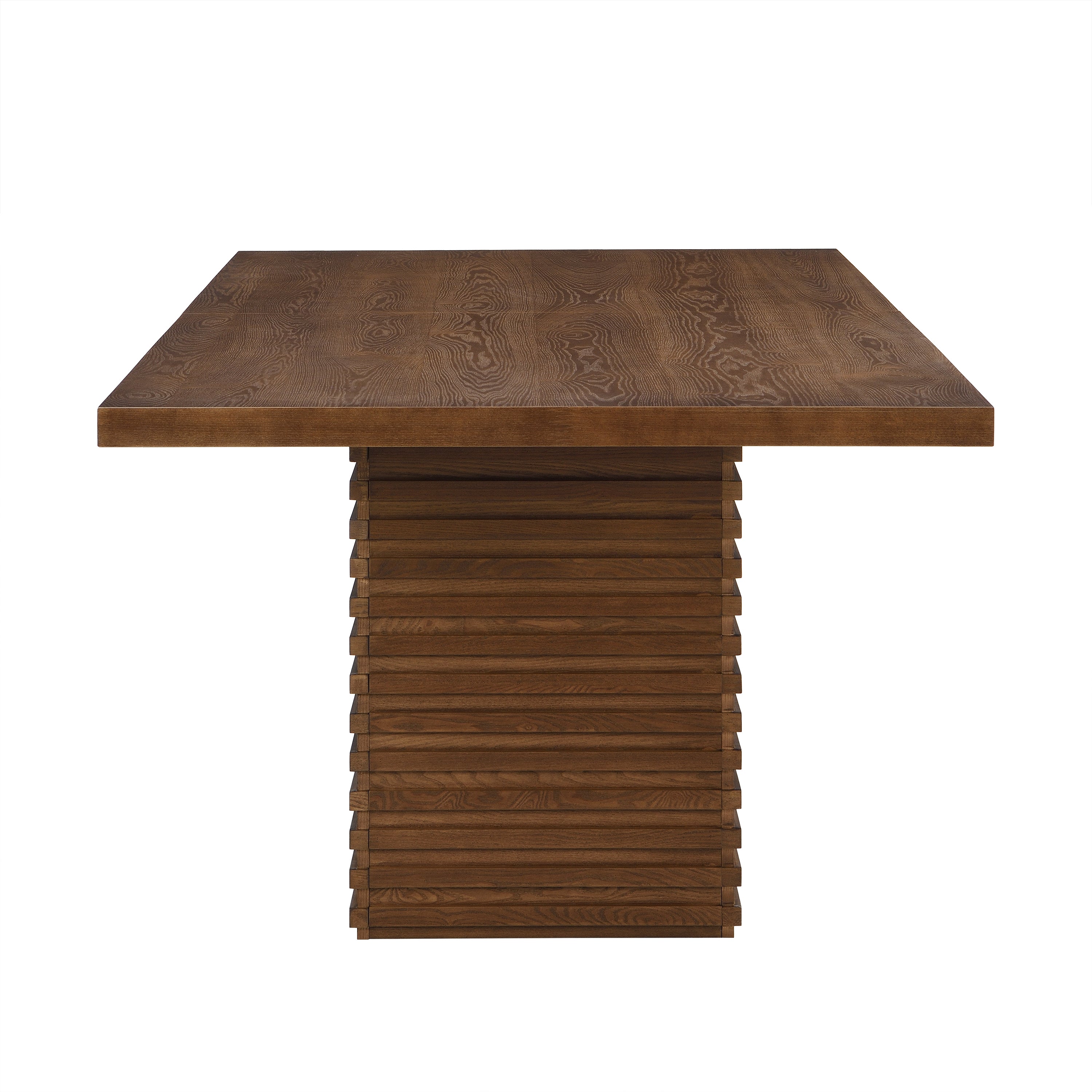 Side profile of Coad 84-inch Walnut Dining Table highlighting thick tabletop and vertical slatted pedestal base in rich walnut finish.