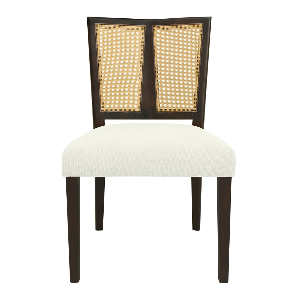 Front view of Mid-Century Rattan Dining Chair with cream upholstered seat and dual-panel cane backrest framed in dark wood.