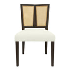 Front view of Mid-Century Rattan Dining Chair with cream upholstered seat and dual-panel cane backrest framed in dark wood.