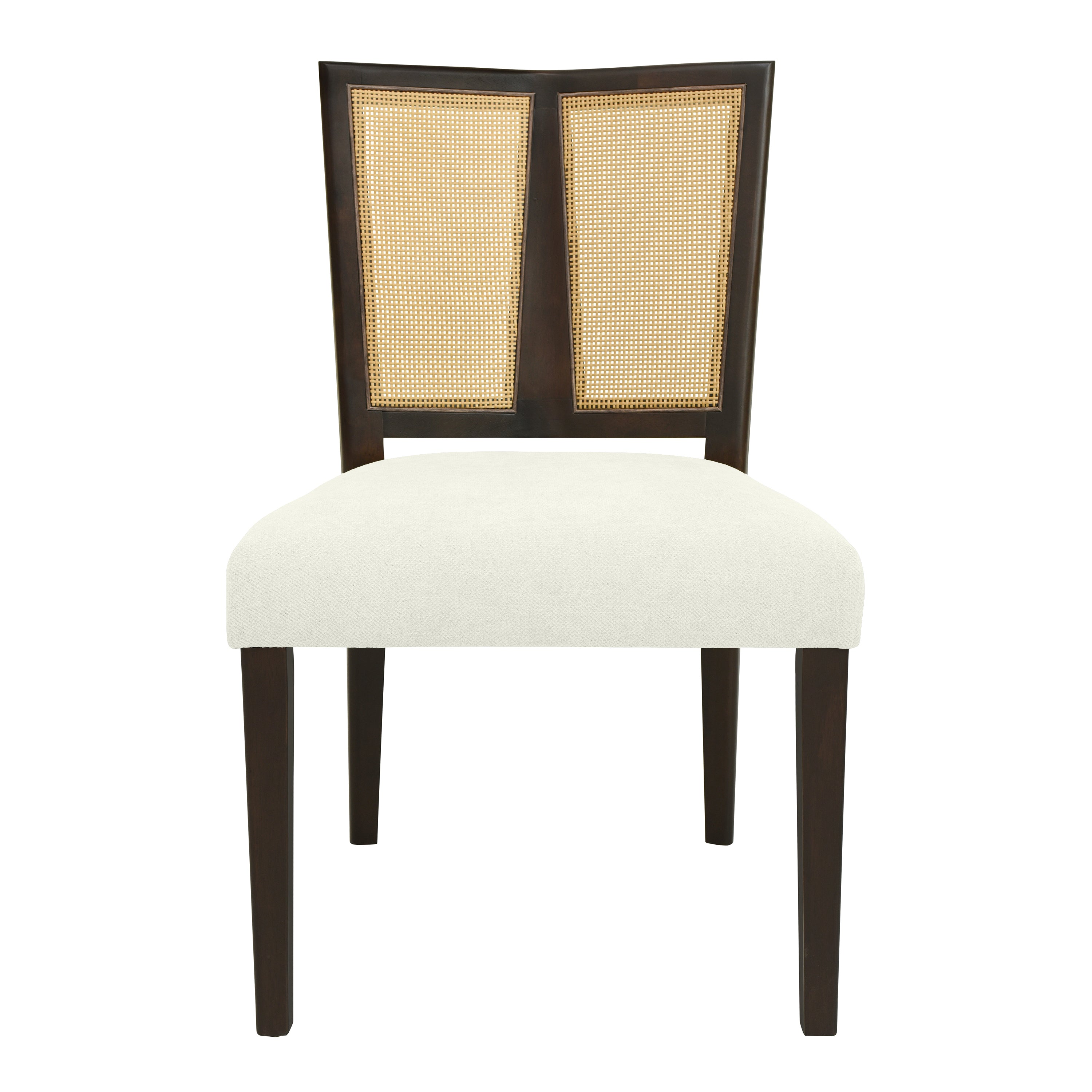 Front view of Mid-Century Rattan Dining Chair with cream upholstered seat and dual-panel cane backrest framed in dark wood.