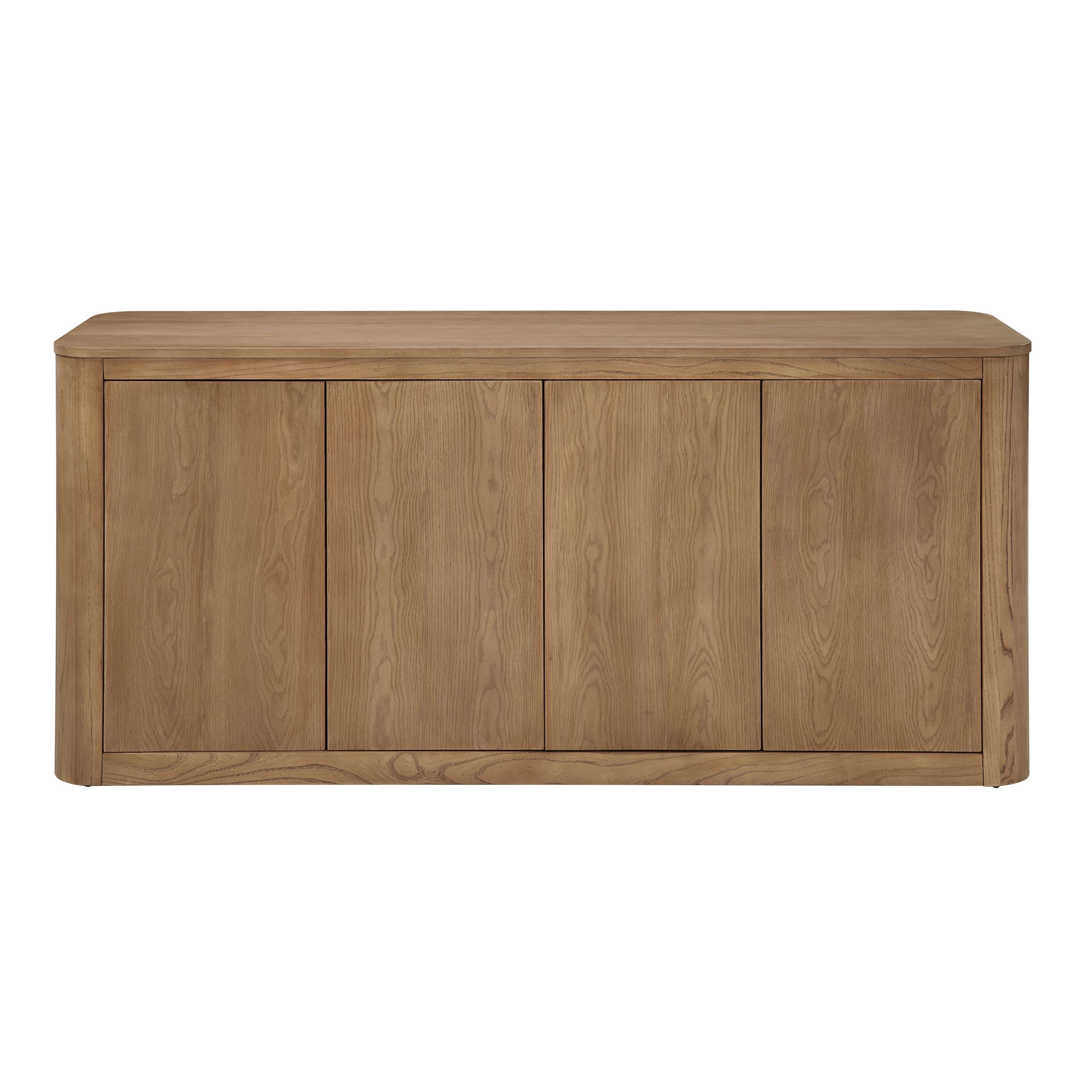 Front view of Zoey Oak Server with Shelves, showcasing its sleek oak veneer design and minimalist 4-door cabinet style.