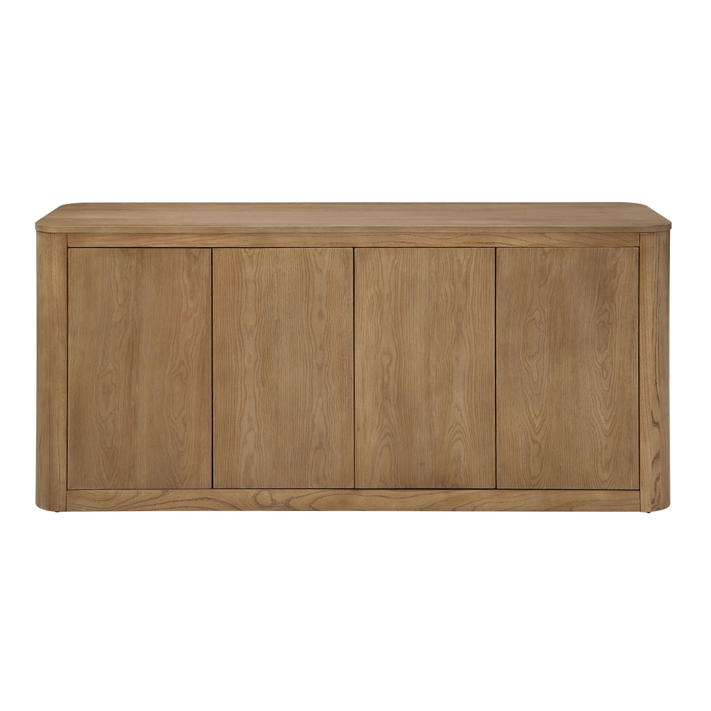 Front view of oak veneer server with four panel doors and smooth finish, included in 8-piece light oak dining set with upholstered chairs.