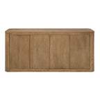 Front view of oak veneer server with four panel doors and smooth finish, included in 8-piece light oak dining set with upholstered chairs.