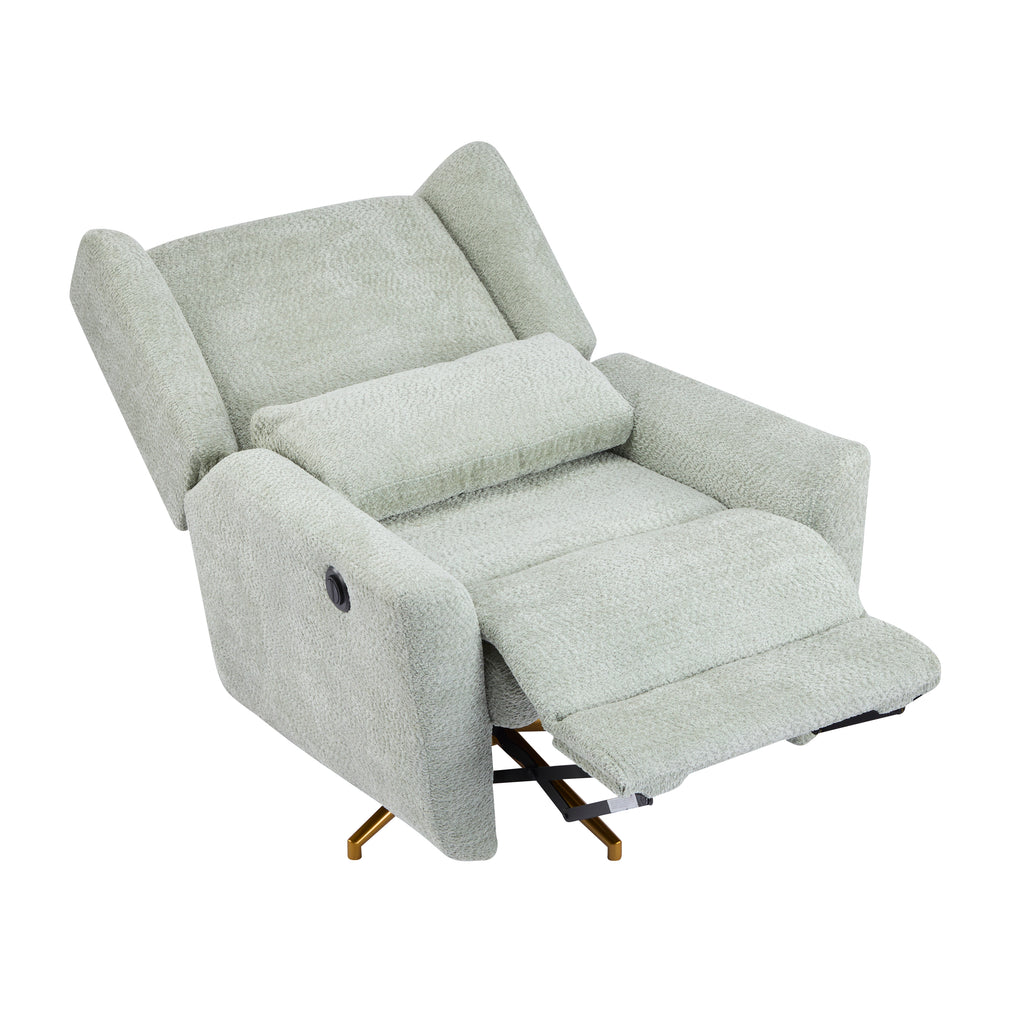 Boucle upholstered power recliner chair fully extended with footrest, showcasing ergonomic comfort and gold swivel base.
