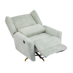 Boucle upholstered power recliner chair fully extended with footrest, showcasing ergonomic comfort and gold swivel base.