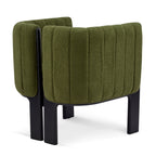 Rear angled view of a modern dining chair with olive green boucle upholstery and black legs, designed for chic and durable dining areas.
