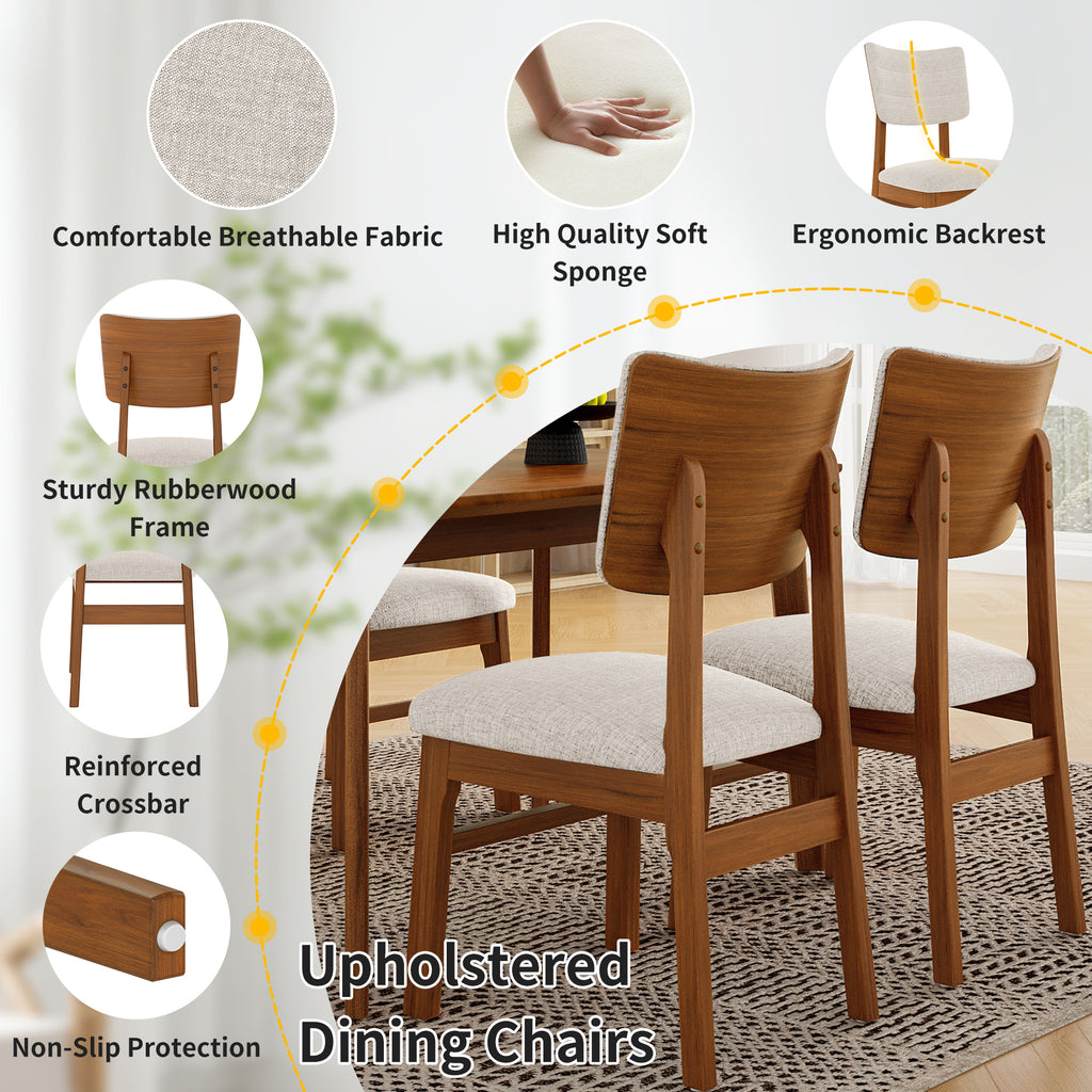 Close-up of upholstered dining chairs with breathable fabric, ergonomic backrest, and rubberwood frame from farmhouse dining table set.