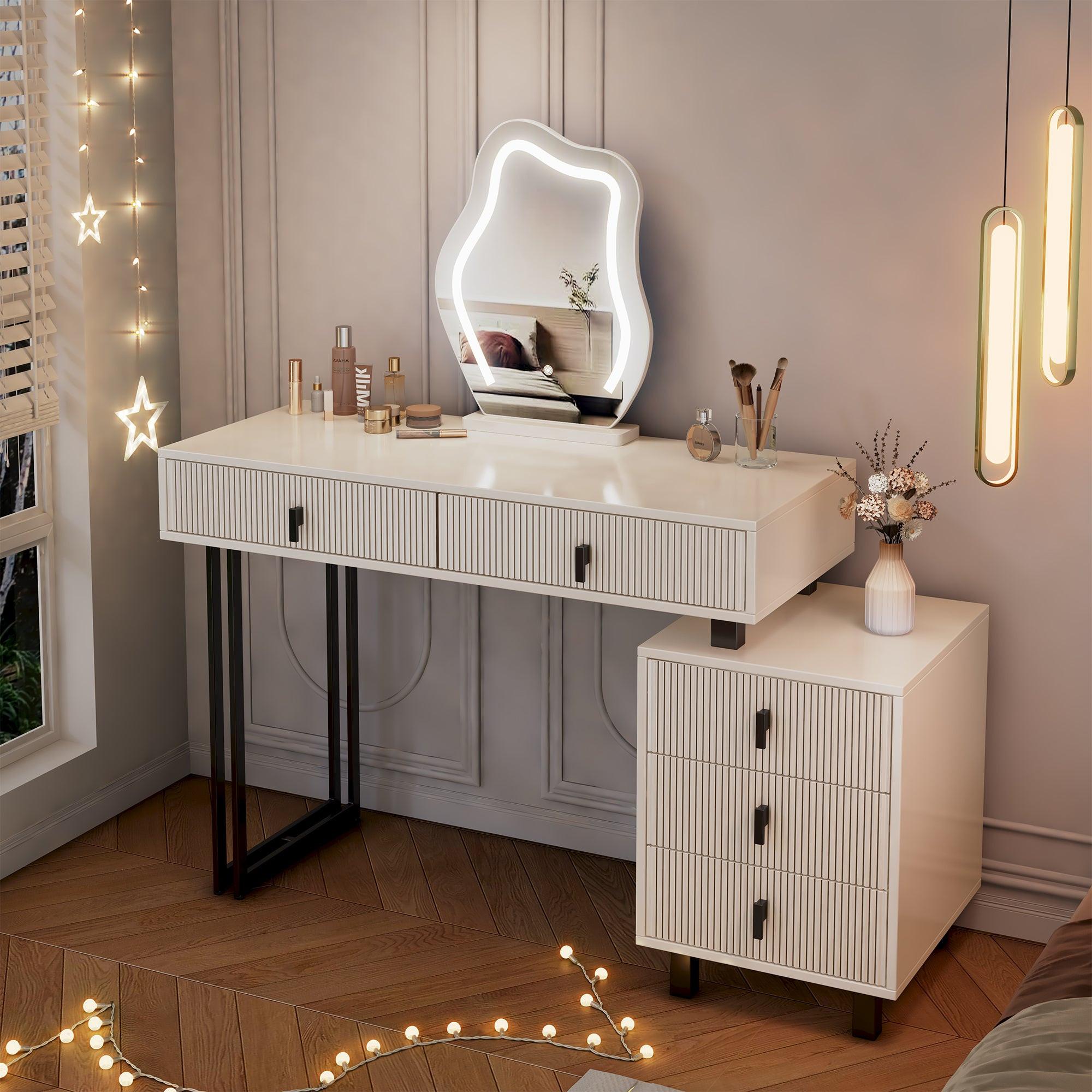 Adjustable Length Vanity with LED Mirror - Modern Makeup Table.