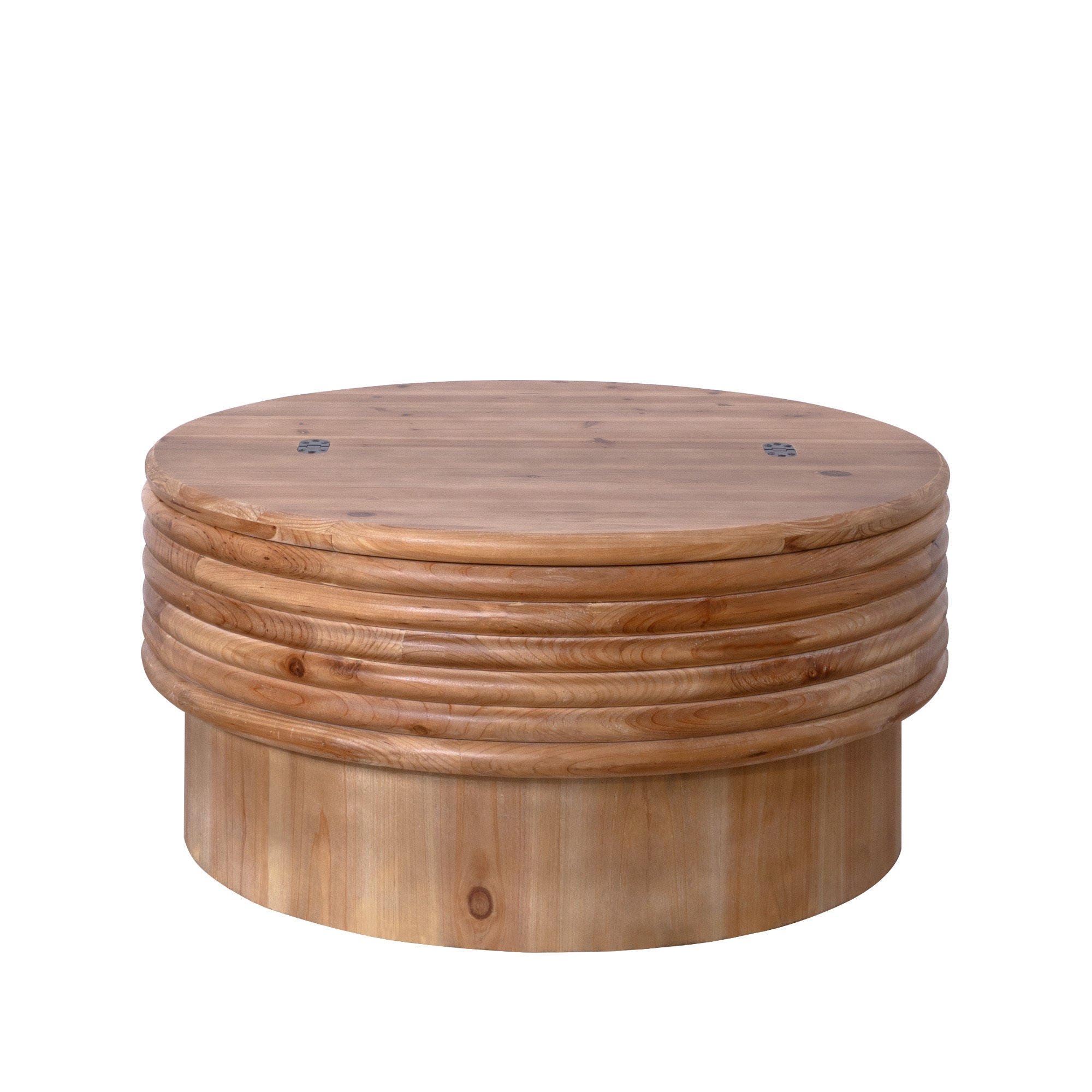Round Wooden Coffee Table with Storage in natural finish featuring a ribbed design and lift-top lid, ideal for rustic living room decor.