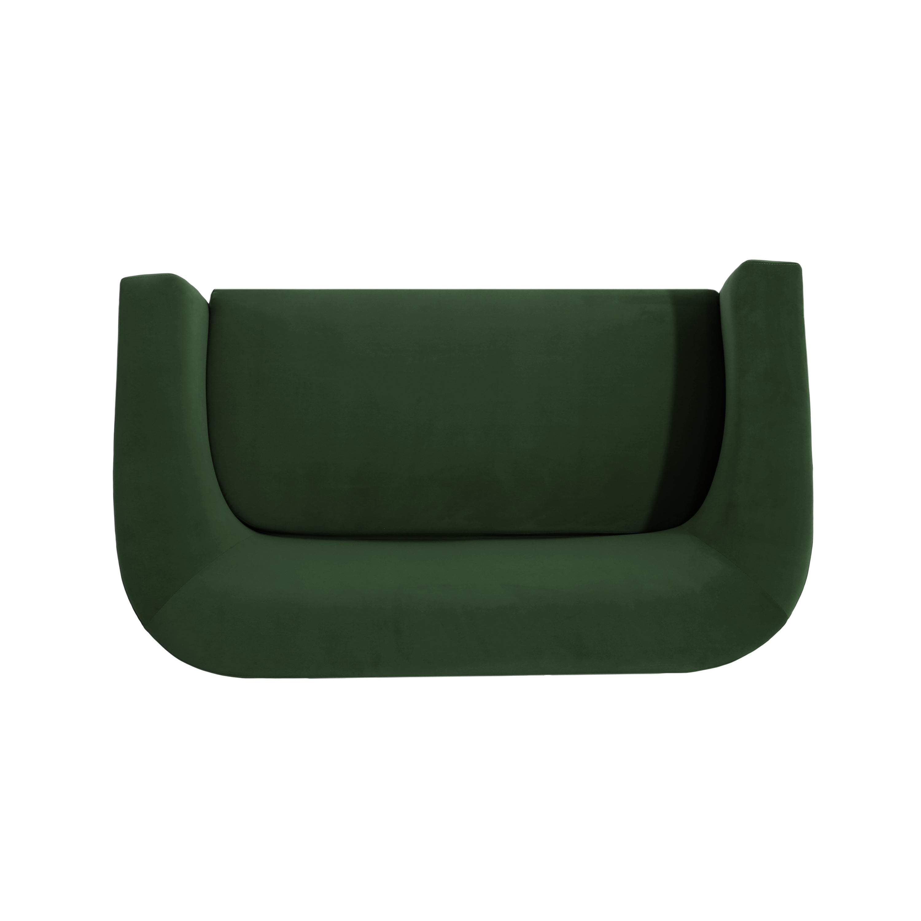 Back view of Retro Green Velvet Loveseat - Modern Design showing smooth velvet finish and curved structure for modern interiors.
