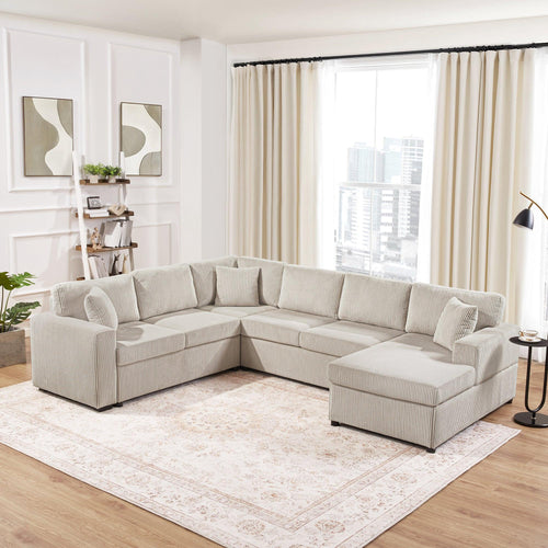 Oversized Sectional Sofa 115.3' U-Shaped Sofa with Chaise Lounge and Three Soft Throw Pillows, Light Gray Corduroy, 115.3' x 90.5'.