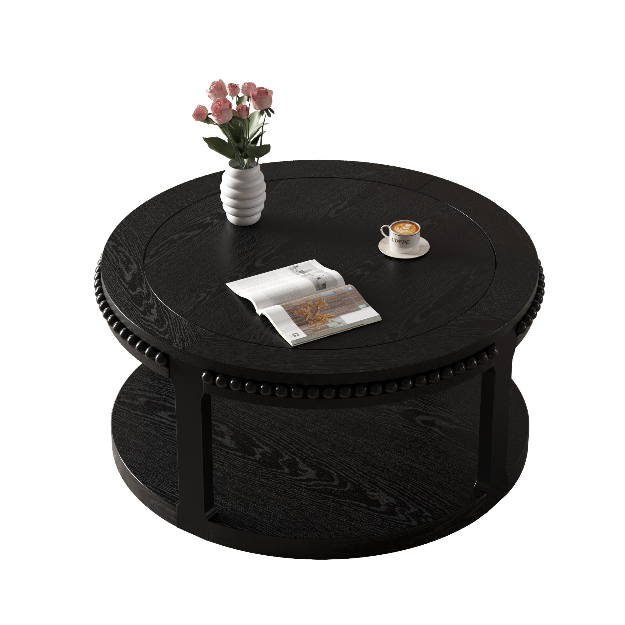 31.5 Inch Solid Wood Round Coffee Table for Living Room,2-Tier Rustic Wood Desktop with Storage Shelf Modern Design Home Furniture (Black)