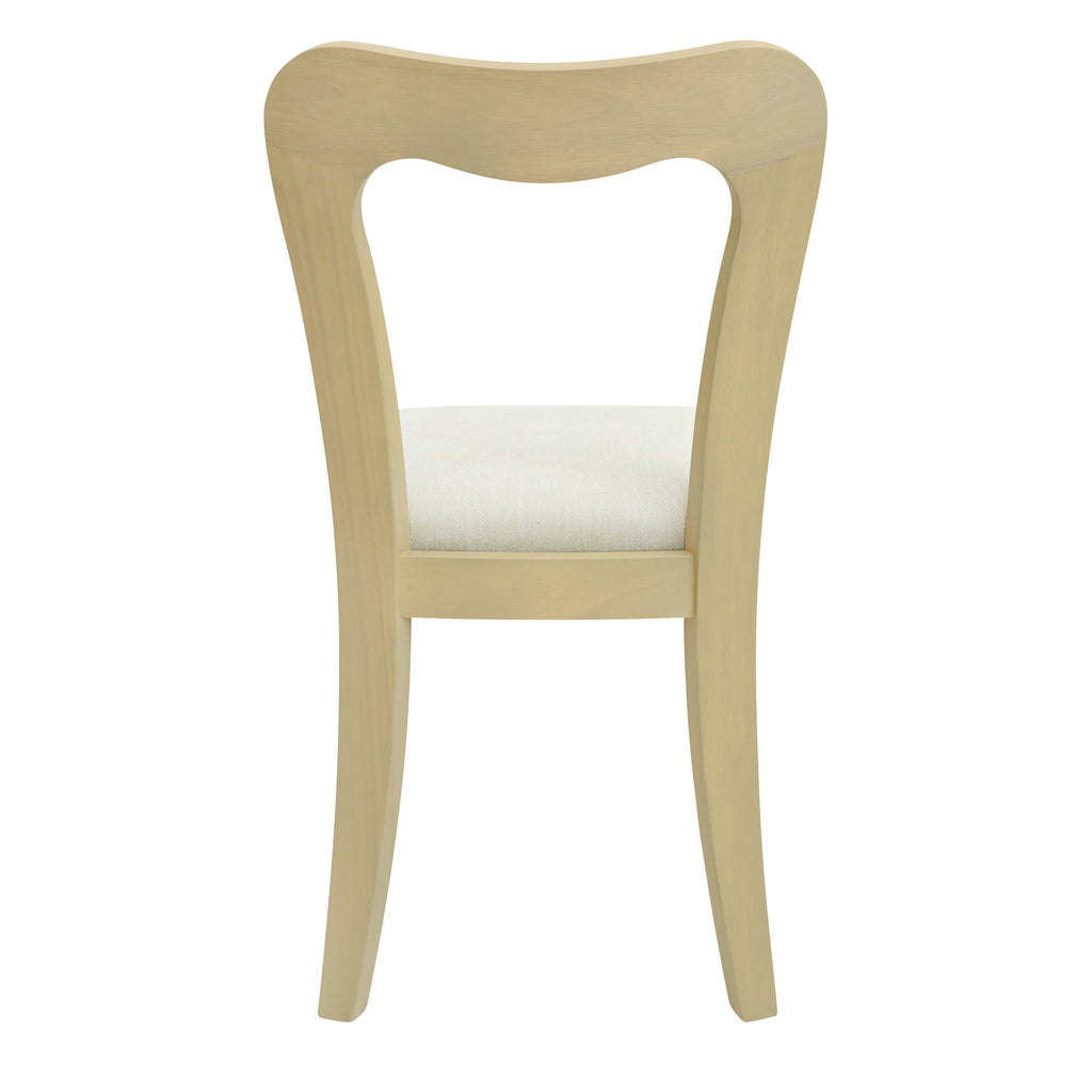 Rear view of a contemporary dining chair with a sculpted light ash wood backrest and beige cushioned seat.