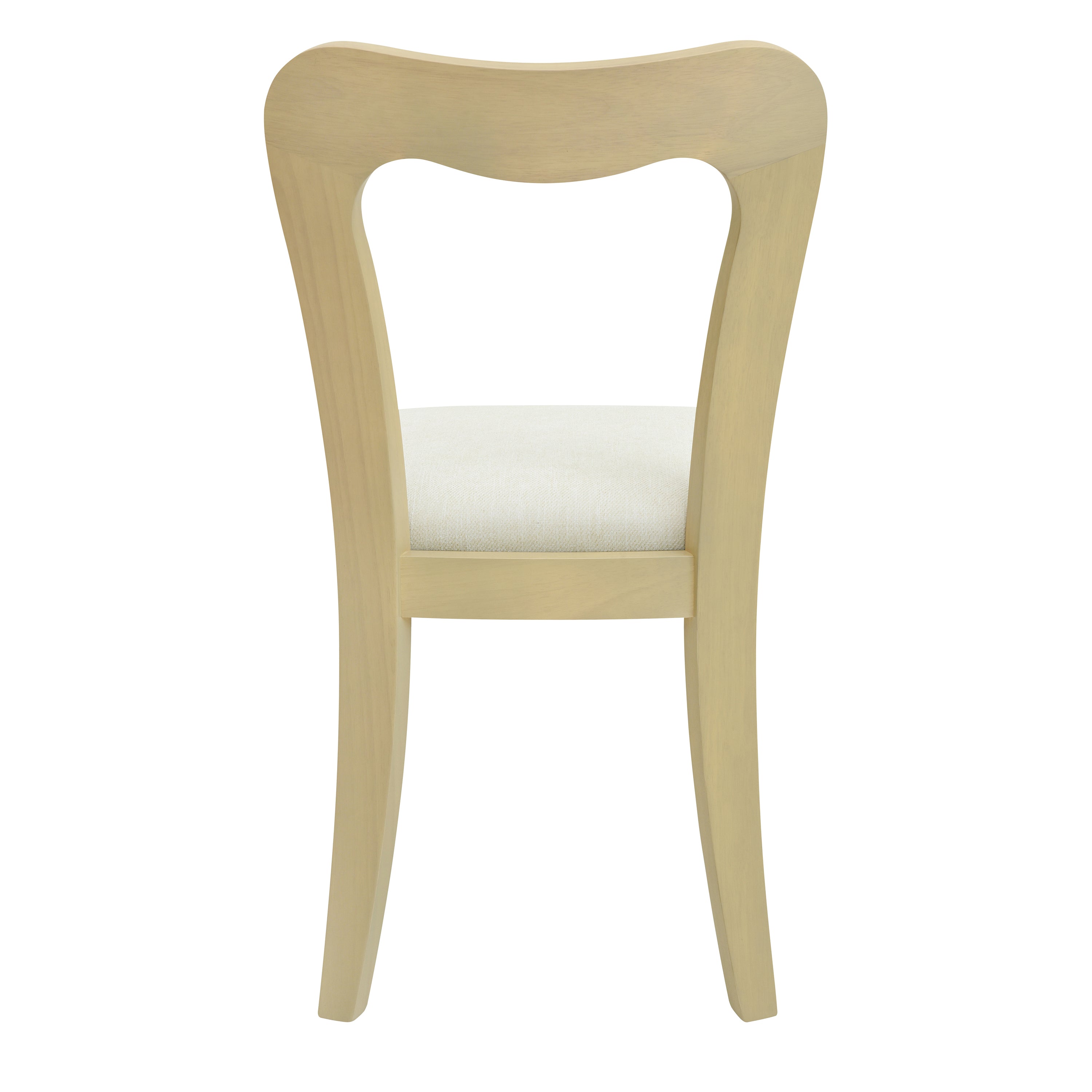 Rear view of a contemporary dining chair with a sculpted light ash wood backrest and beige cushioned seat.