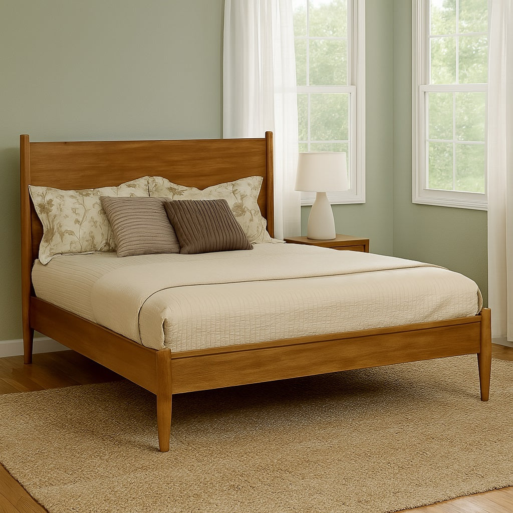 Mid-Century Modern California King Wooden Platform Bed in oak finish placed in a bright bedroom with neutral decor.