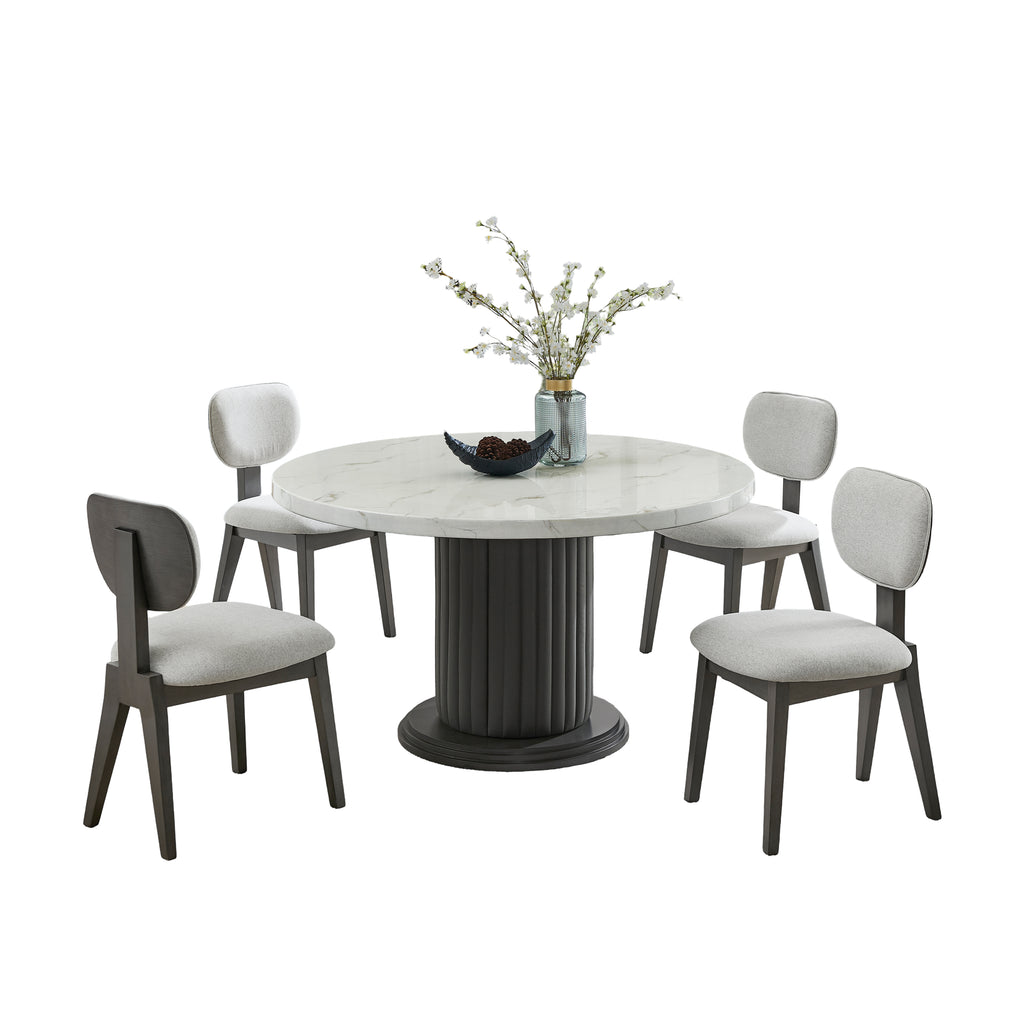 Valencia round dining set with white faux marble tabletop and six gray cushioned chairs, ideal for contemporary dining spaces.
