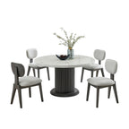 Valencia round dining set with white faux marble tabletop and six gray cushioned chairs, ideal for contemporary dining spaces.