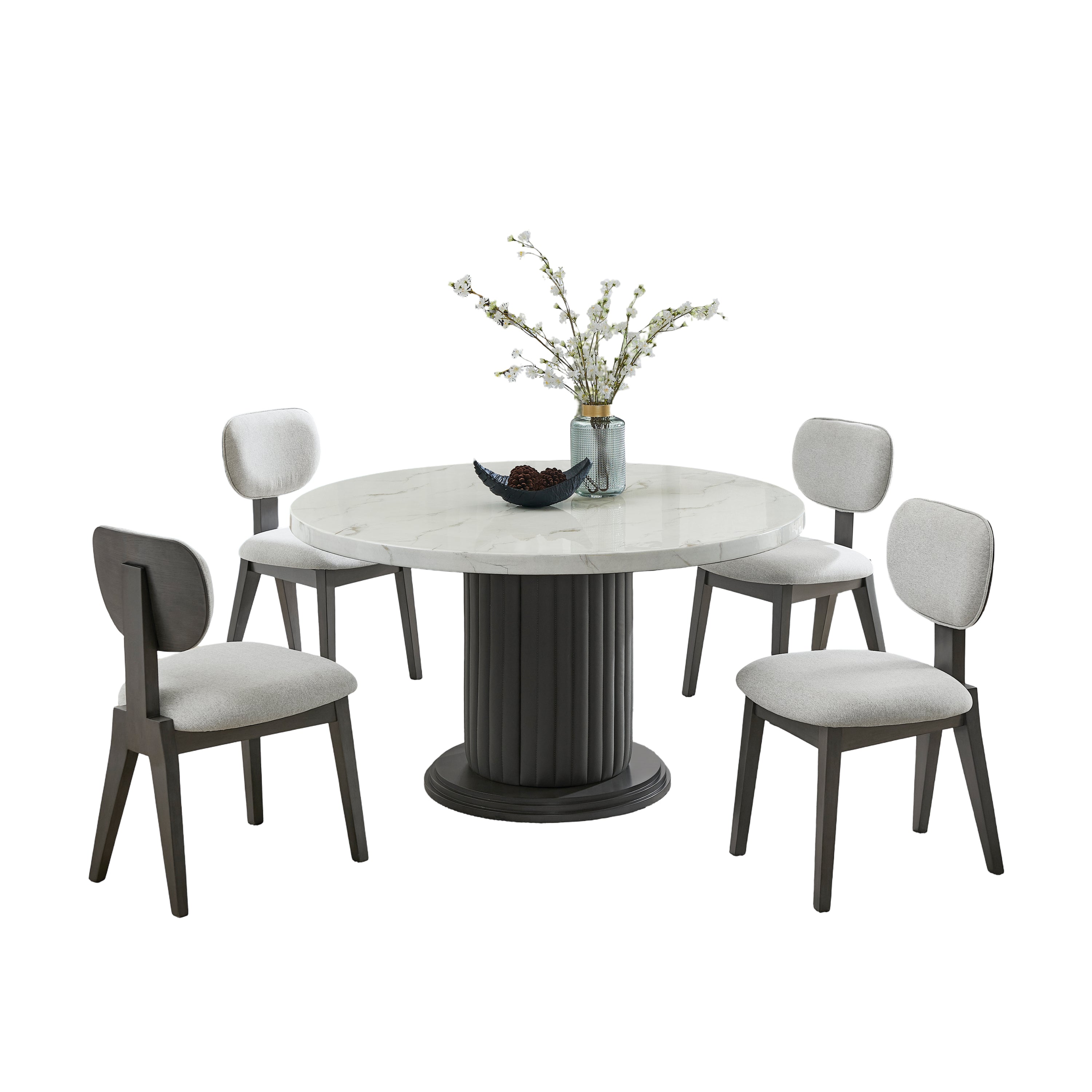 Valencia round dining set with white faux marble tabletop and six gray cushioned chairs, ideal for contemporary dining spaces.