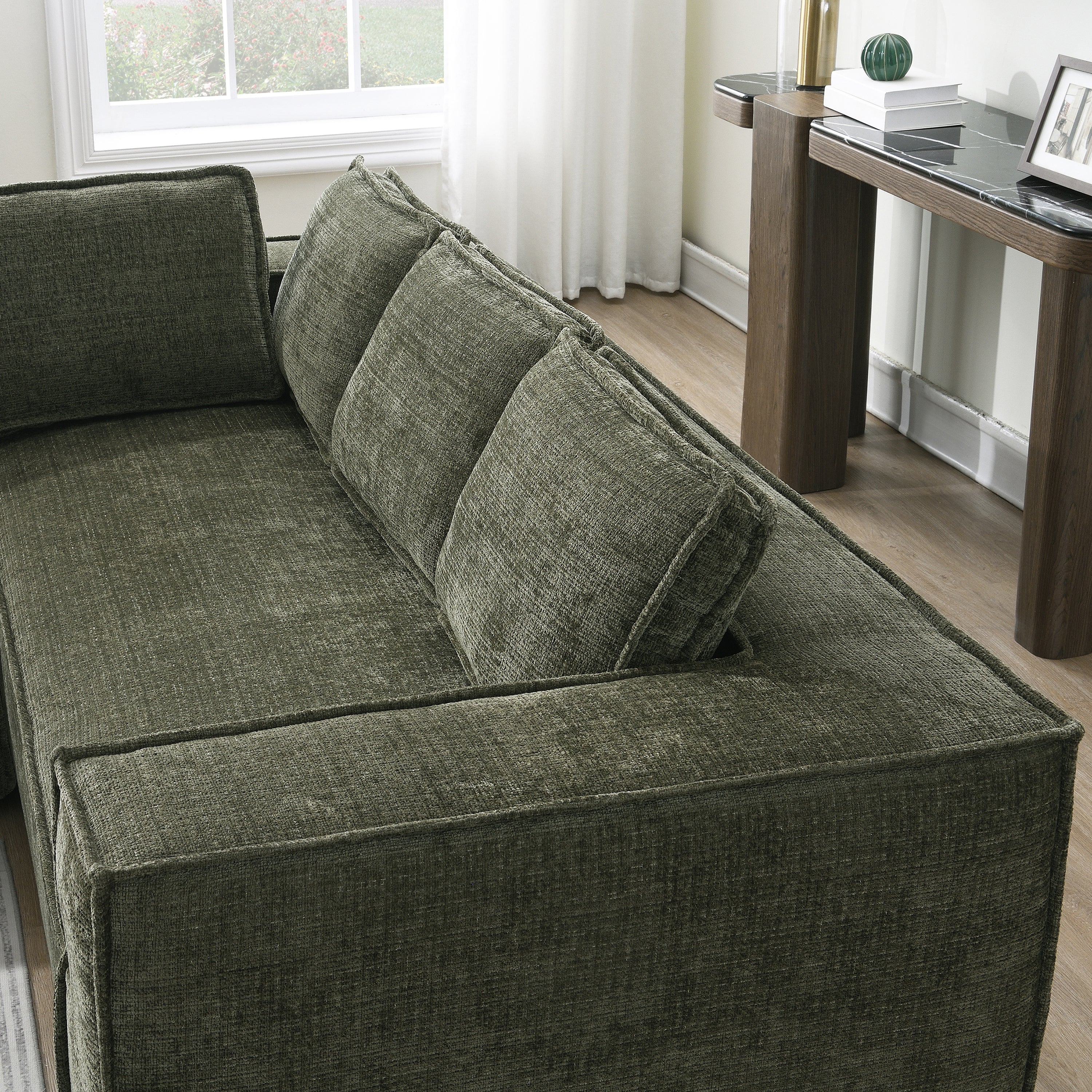 Angled view of Modular Sectional Sofa - Chenille, No Assembly, 6 Seat with supportive back cushions and modern boxy frame.