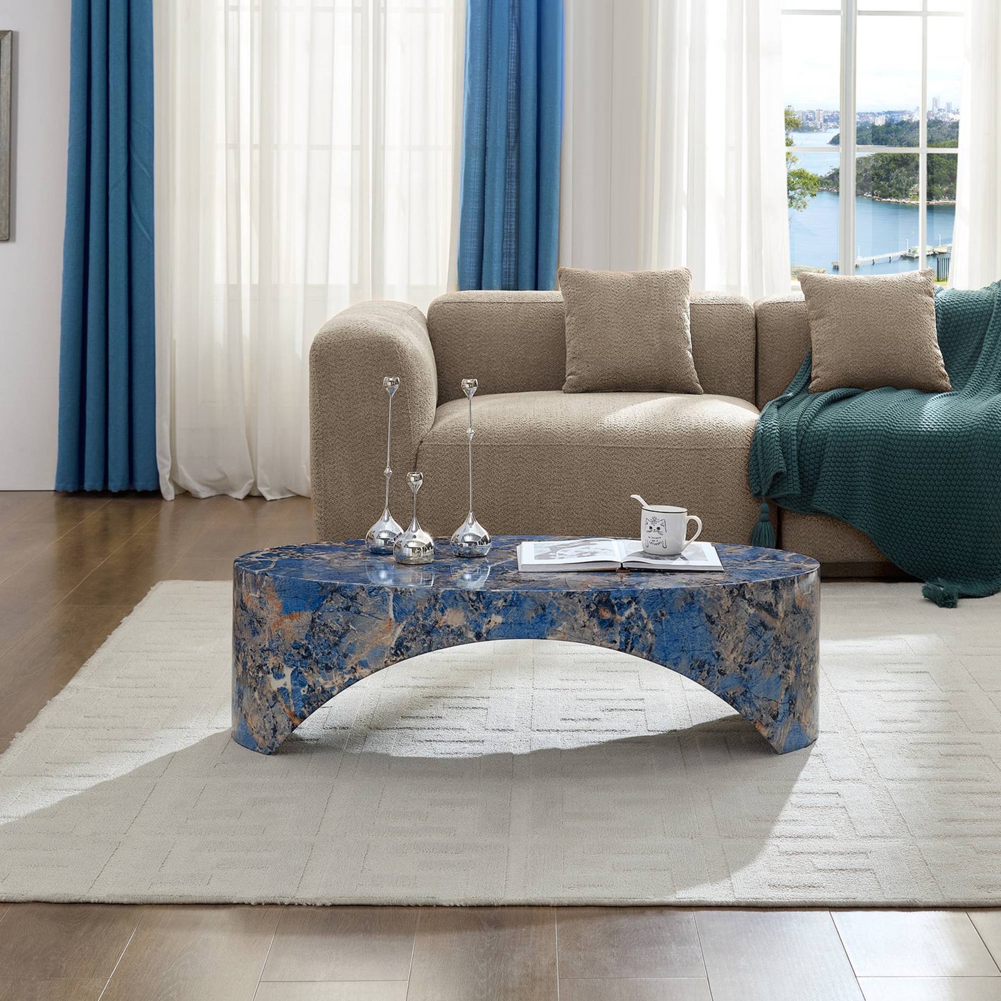 The oval natural marble coffee table side table in the living room,blue