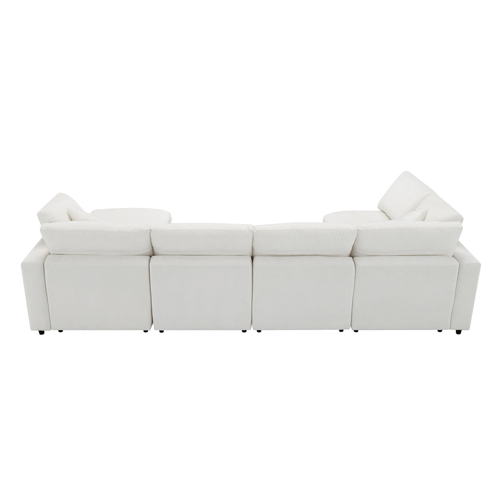 Back view of 130' Modular Sofa Bed - Convertible 6 Seat Sectional in white chenille, showcasing its modular design and plush cushions.