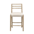 Front view of ladder back counter stool with padded beige seat and light rubberwood frame. Blends comfort with rustic charm.