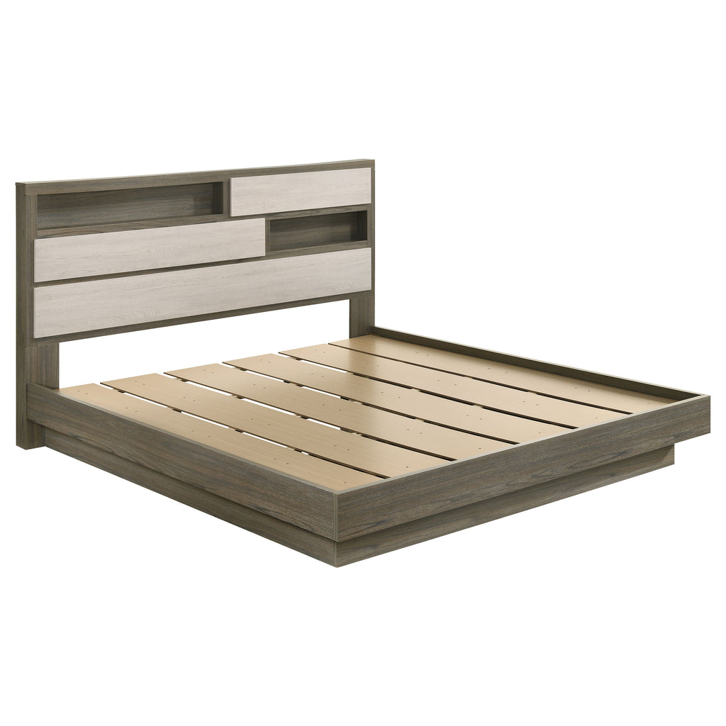 Modern Eastern King bed in grey oak and almond wood with a slatted base and headboard featuring built-in storage.