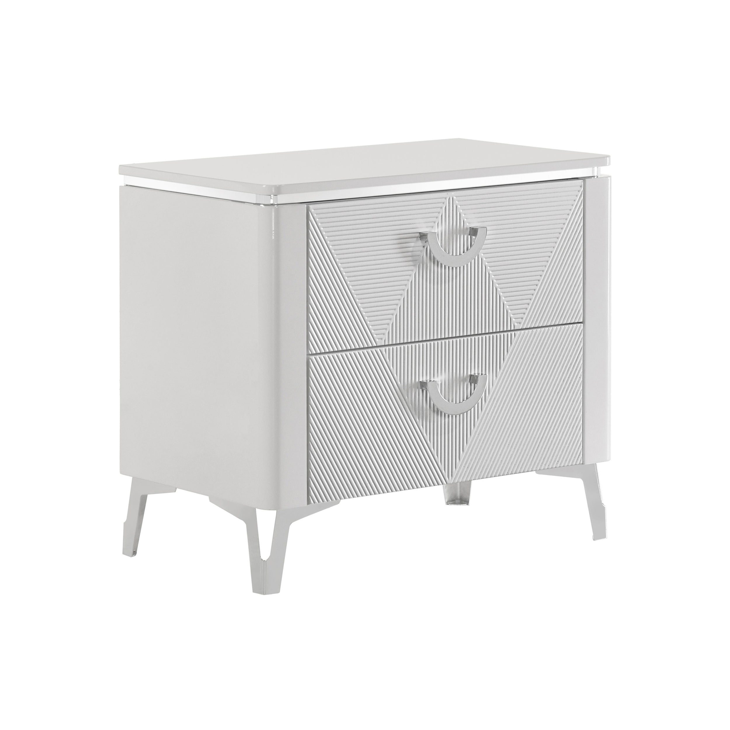 Modern white high-gloss 2-drawer nightstand with geometric ribbed drawer fronts and silver semi-circle hardware.