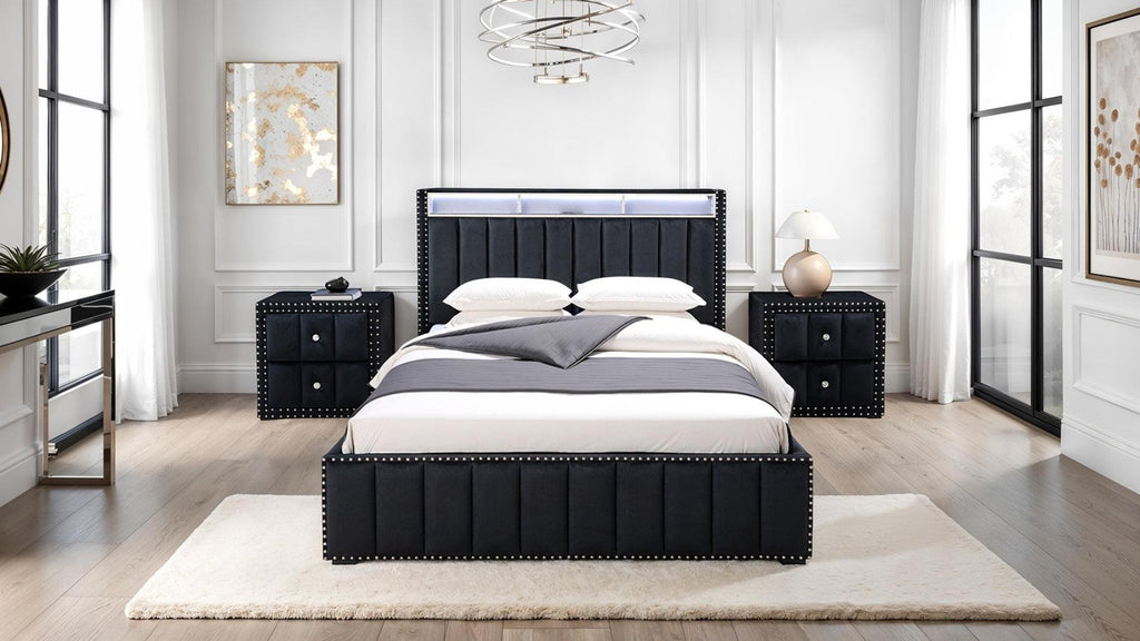 Luxury Queen Size Bed And 2 Nightstands Furniture Set.