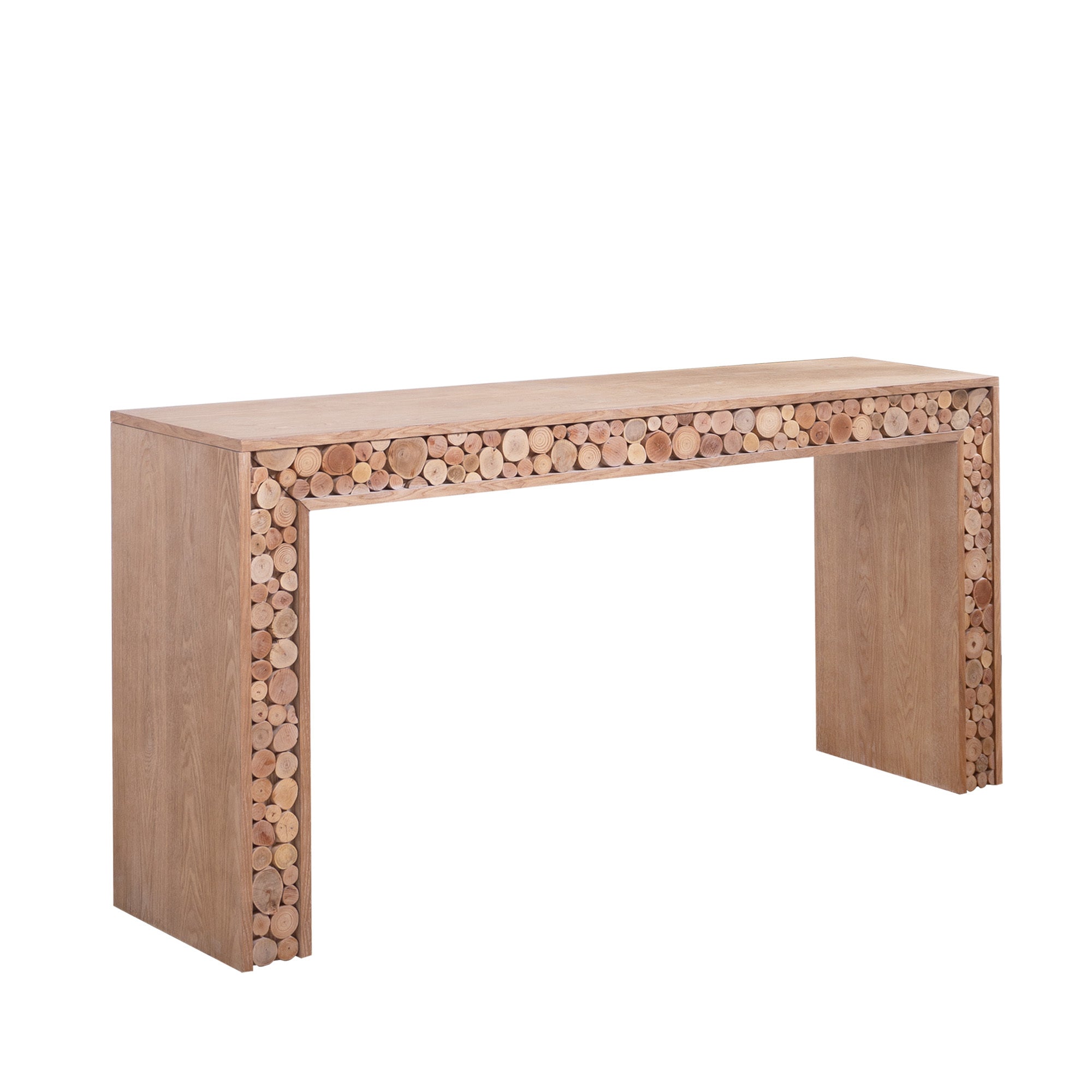 Rustic wood console table with natural log accents, 62-inch narrow entryway table in modern farmhouse style, ideal for hallways or behind sofas.
