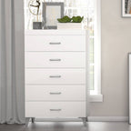 White Finish 5 Drawer Wooden Storage Chest styled in a bedroom corner with decor accents, blending with modern interiors.