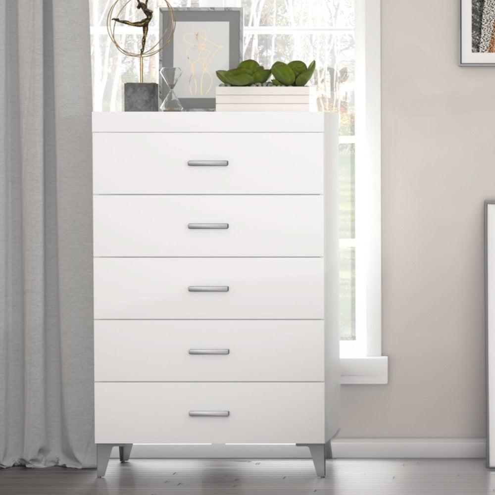White Finish 5 Drawer Wooden Storage Chest styled in a bedroom corner with decor accents, blending with modern interiors.