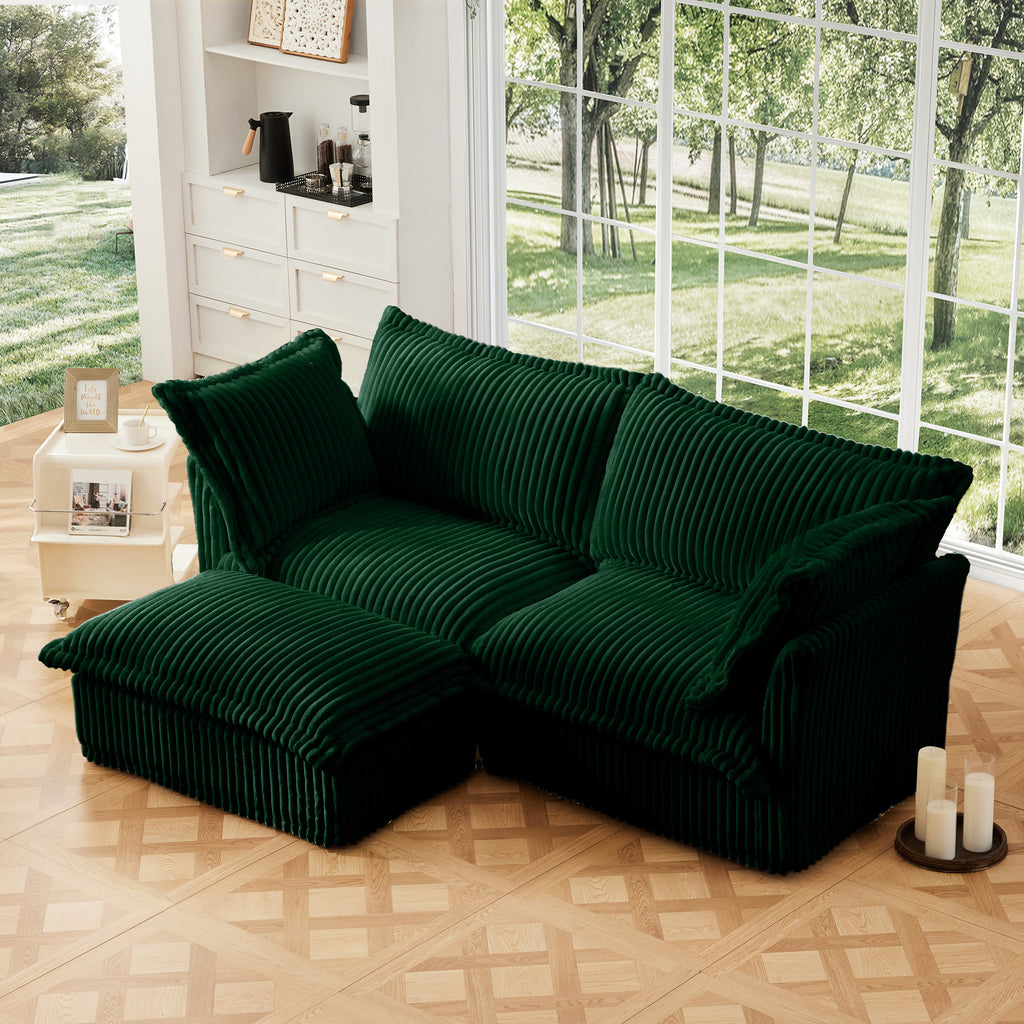 Green Corduroy 2-Seater L-Shaped Sectional with Convertible Ottoman