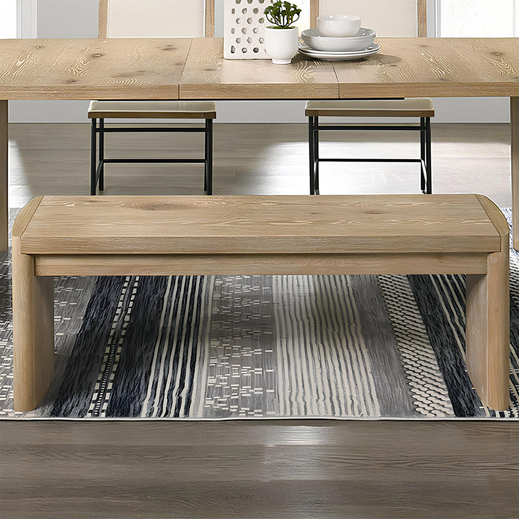 Oak Dining Bench - Wooden Finish Seating placed in a dining room setting, complementing a matching oak table and modern decor.