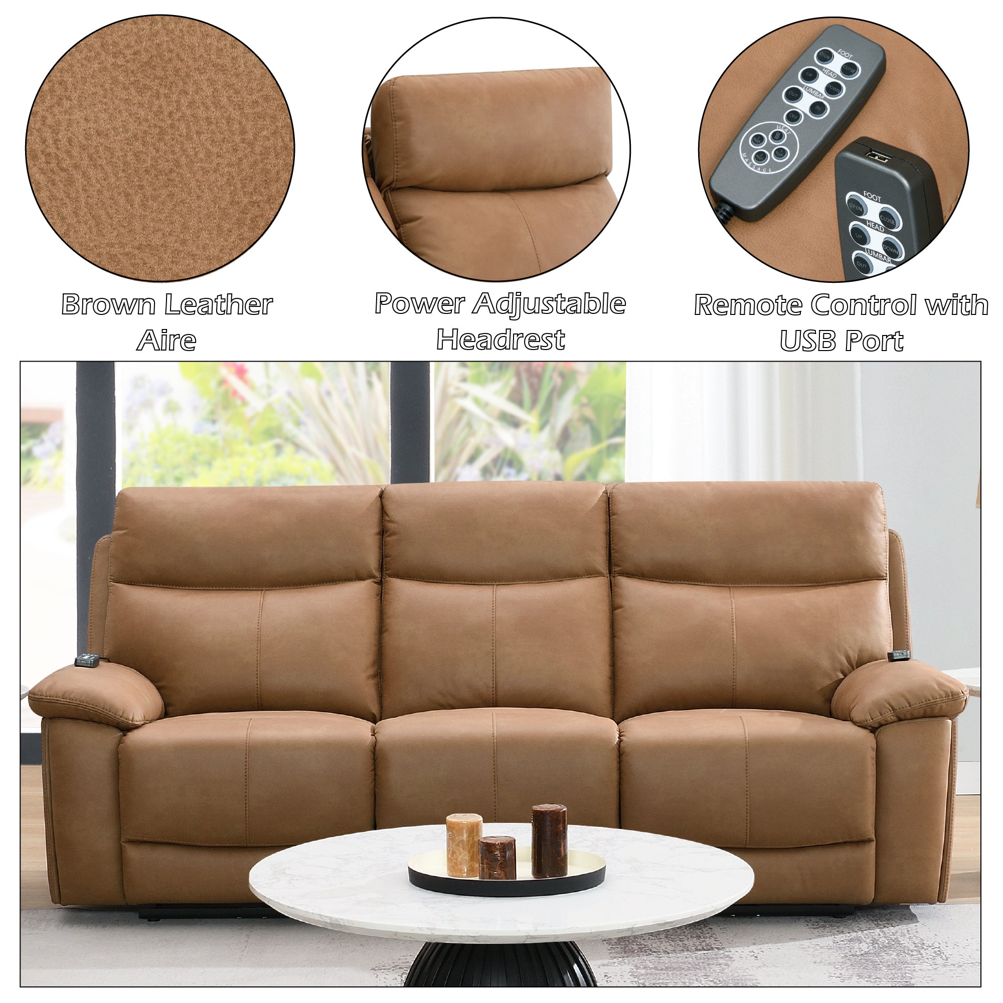 Brown leather reclining sofa with USB and power headrest shown with close-ups of leather texture, remote control, and adjustable headrest.