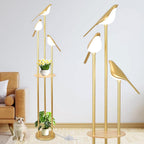Gold Metal Floor Lamp with 3 LED Bird Lights and Storage Shelves