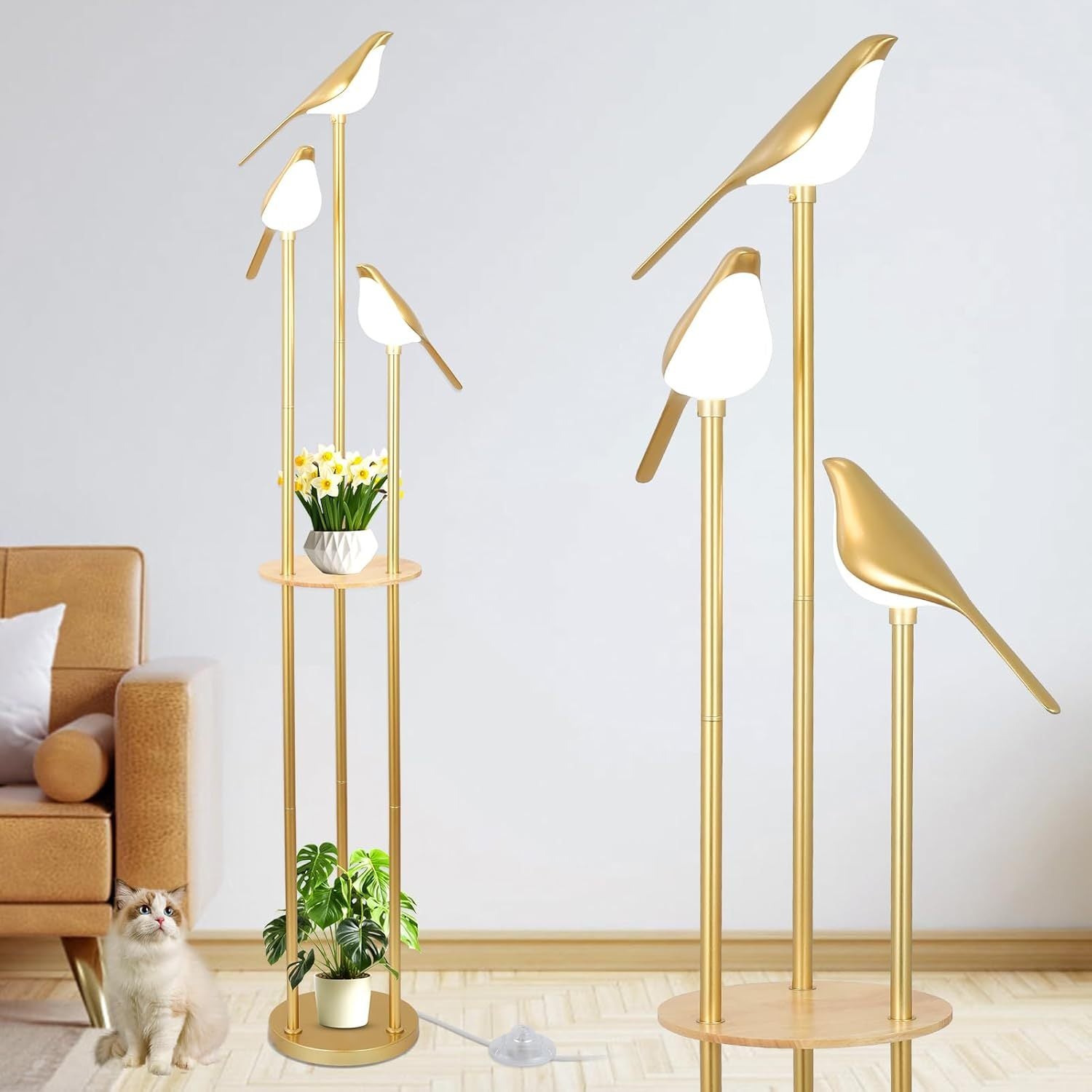 Gold Metal Floor Lamp with 3 LED Bird Lights and Storage Shelves