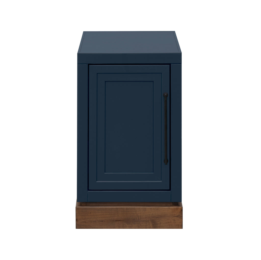 Nora Chairside Table Blue Finish | No Assembly, Wood shown from front view with paneled door and contrasting wood base.