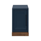 Nora Chairside Table Blue Finish | No Assembly, Wood shown from front view with paneled door and contrasting wood base.