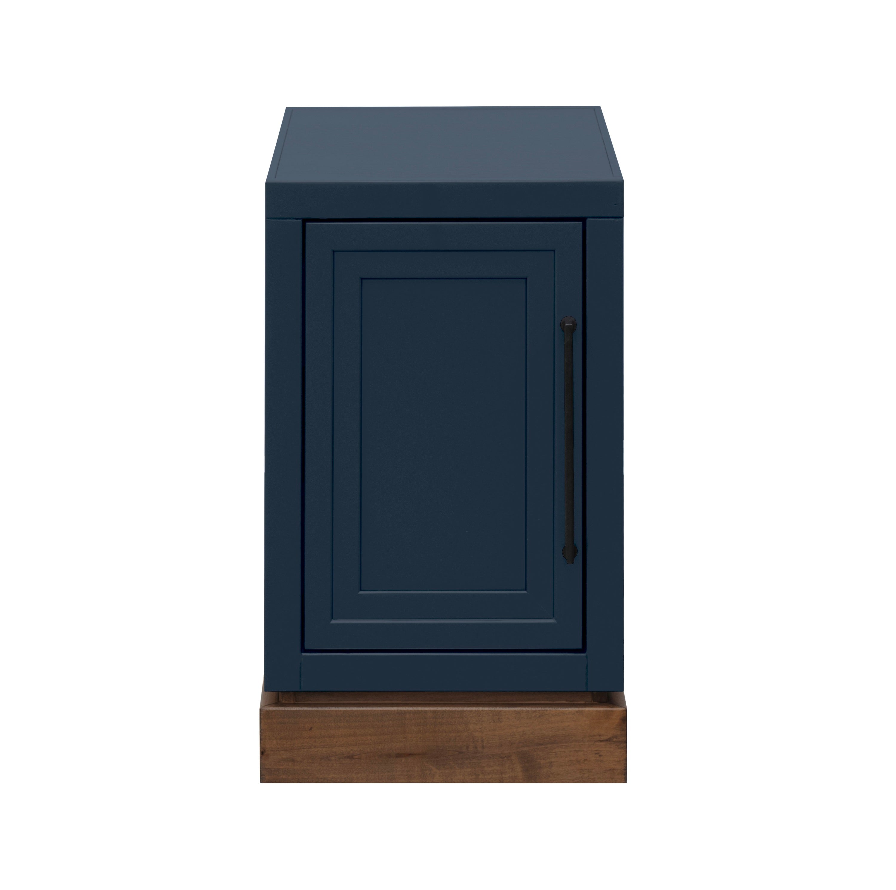 Nora Chairside Table Blue Finish | No Assembly, Wood shown from front view with paneled door and contrasting wood base.