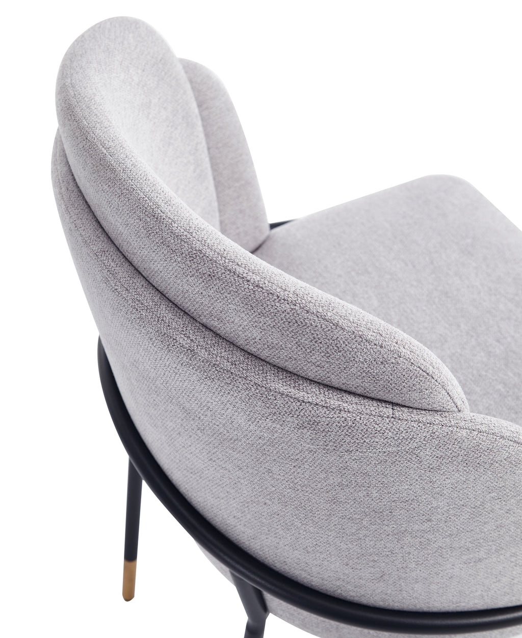 Close-up of Modern Dining Chair - Stylish Grey - Durable Metal Base showing textured twill fabric and cushioned backrest for comfort.