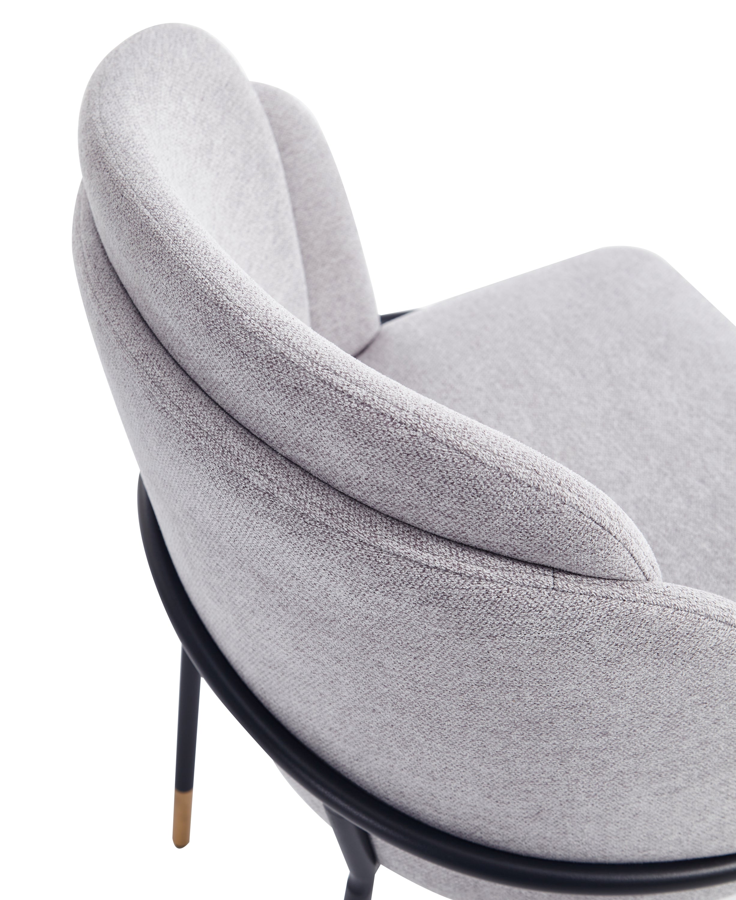 Close-up of Modern Dining Chair - Stylish Grey - Durable Metal Base showing textured twill fabric and cushioned backrest for comfort.