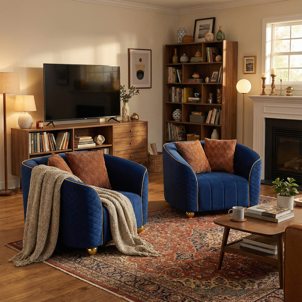 FX-P55-1S-RB1-2PCS Luxurious Quilted Blue Armchair.