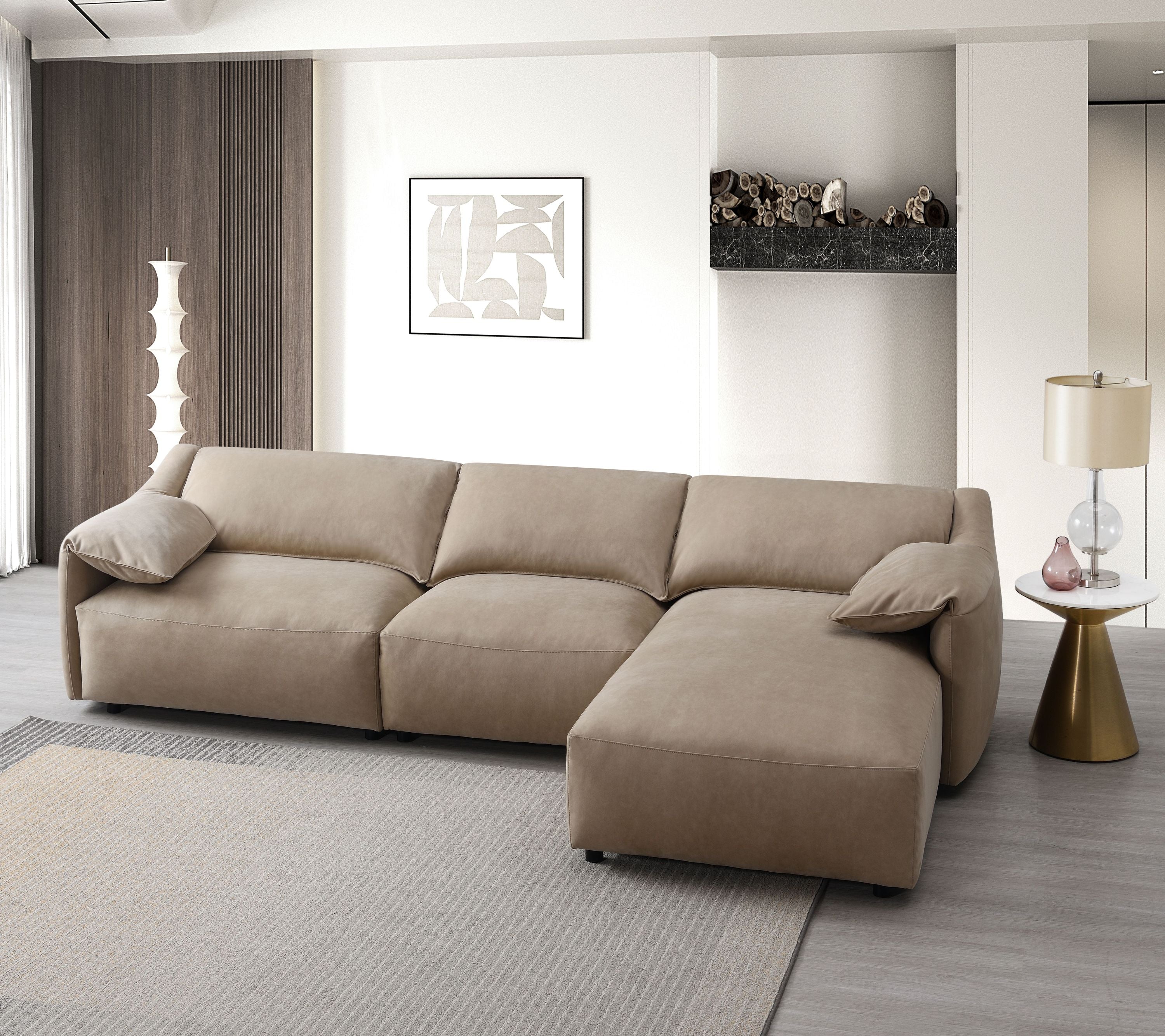 Veata Suede Sectional Sofa - Light Brown in modern living room with KD legs and plush cushions, ideal for contemporary home interiors.