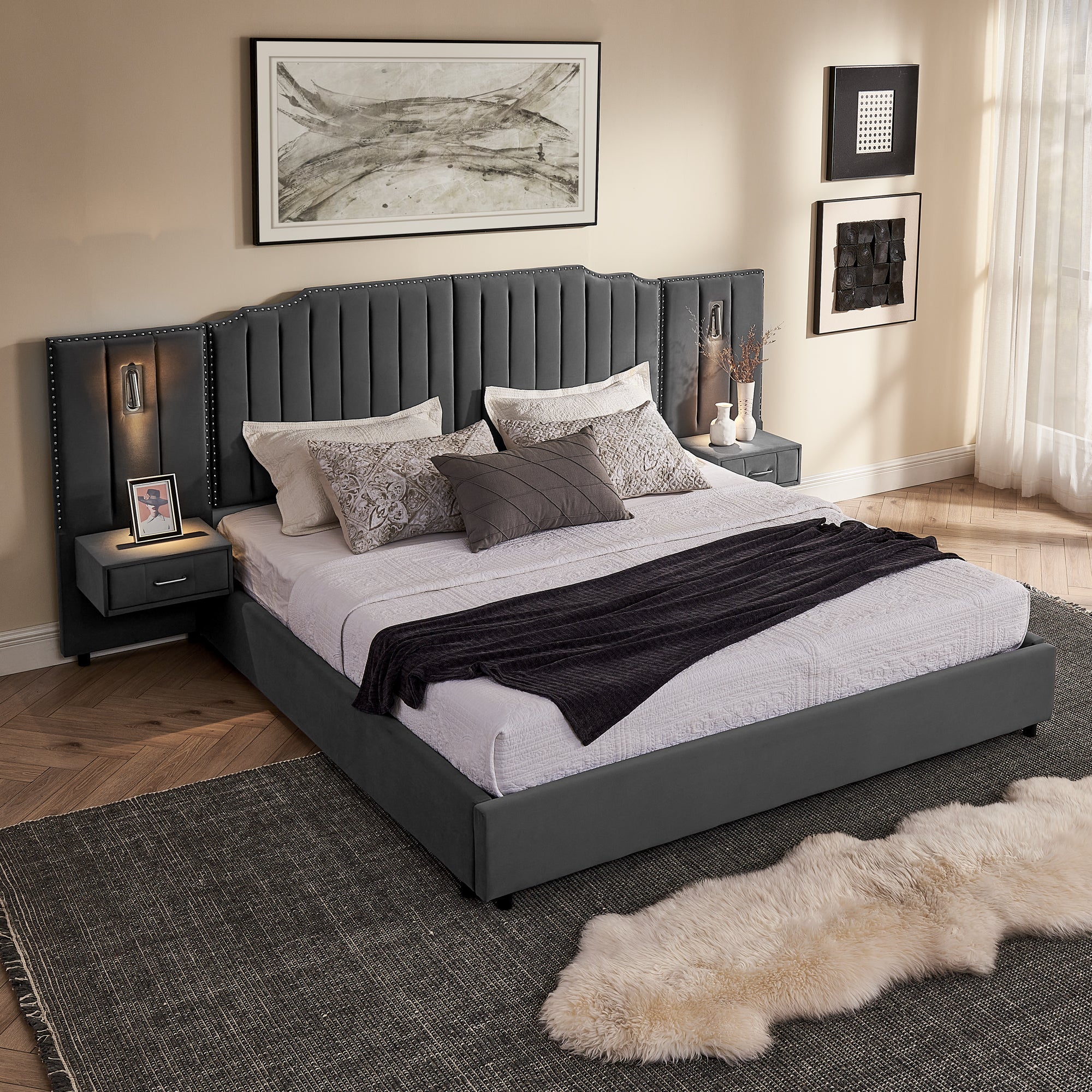 Angled view of king size velvet bed frame with plush headboard, built-in side tables, and cozy bedding in a contemporary bedroom.