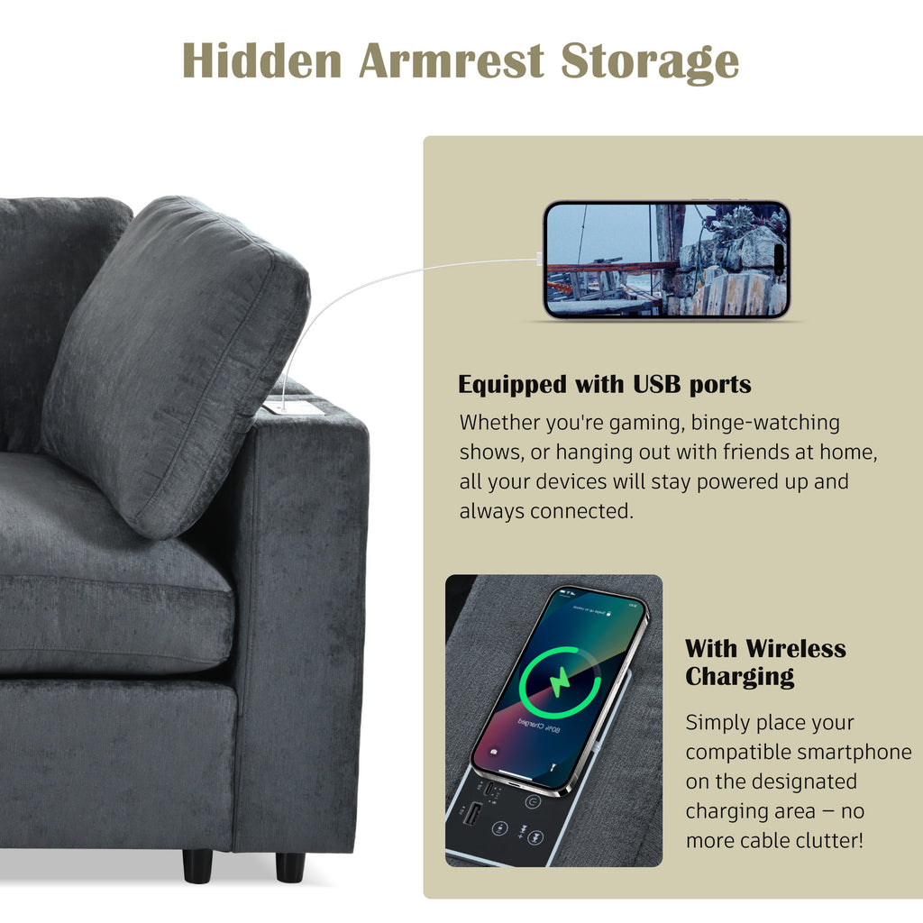 Close-up of modular sofa armrest with USB ports and wireless charging pad, highlighting smart tech integration.